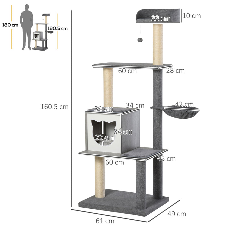 Tiragraffi con Cuccia e Cestino sospeso per Gatti 61x49x160,5 cm in Peluche Sisal  Grigio-3