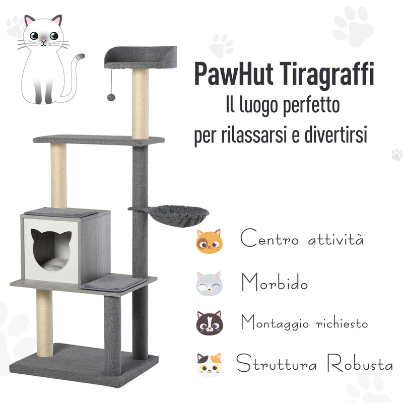 Tiragraffi con Cuccia e Cestino sospeso per Gatti 61x49x160,5 cm in Peluche Sisal  Grigio-4