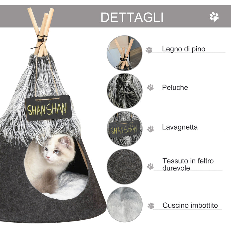 Tenda Cuccia per Gatti e Cani Piccoli Ø50x70 cm in Feltro Peluche Grigio-4