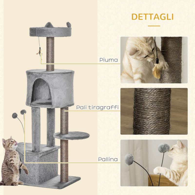 Albero Tiragraffi per Gatti 60x40x133 cm in Sisal e Peluche Grigio-7