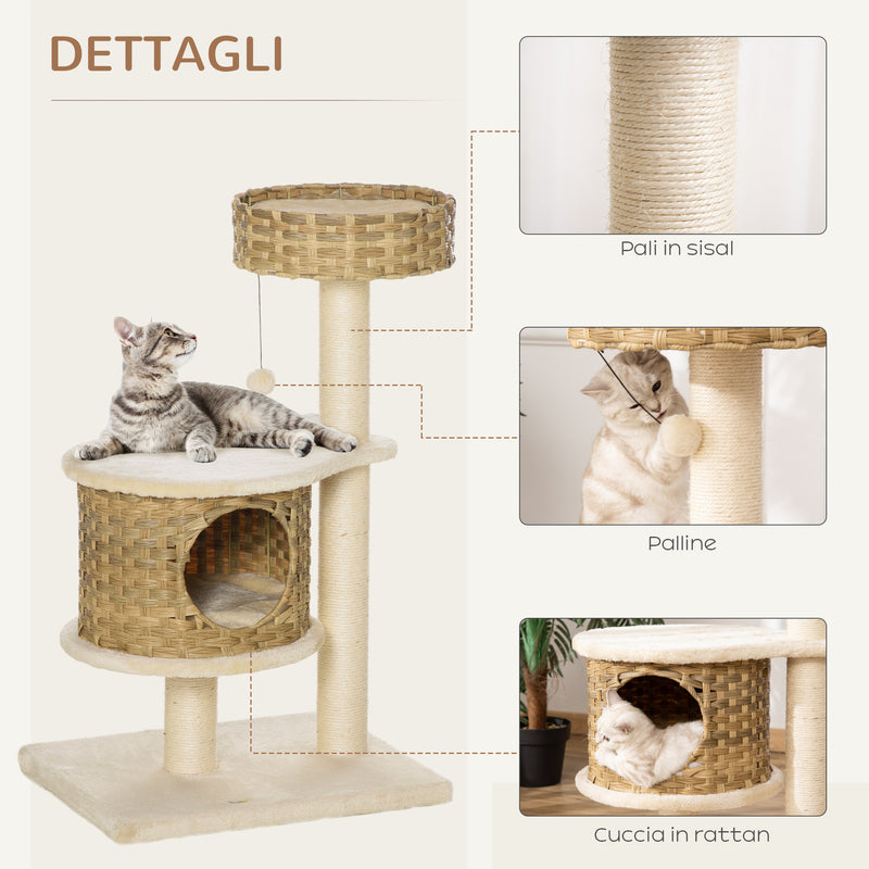 Albero Tiragraffi per Gatti 55x47x95 cm in Rattan e Pali in Sisal Beige-5