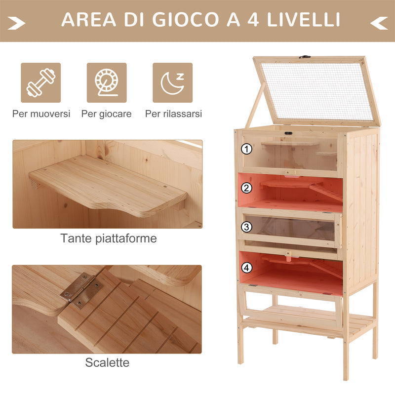 Gabbia per Roditori e Criceti a 4 Ripiani con Tetto Apribile in Legno 60x40x120 cm -5