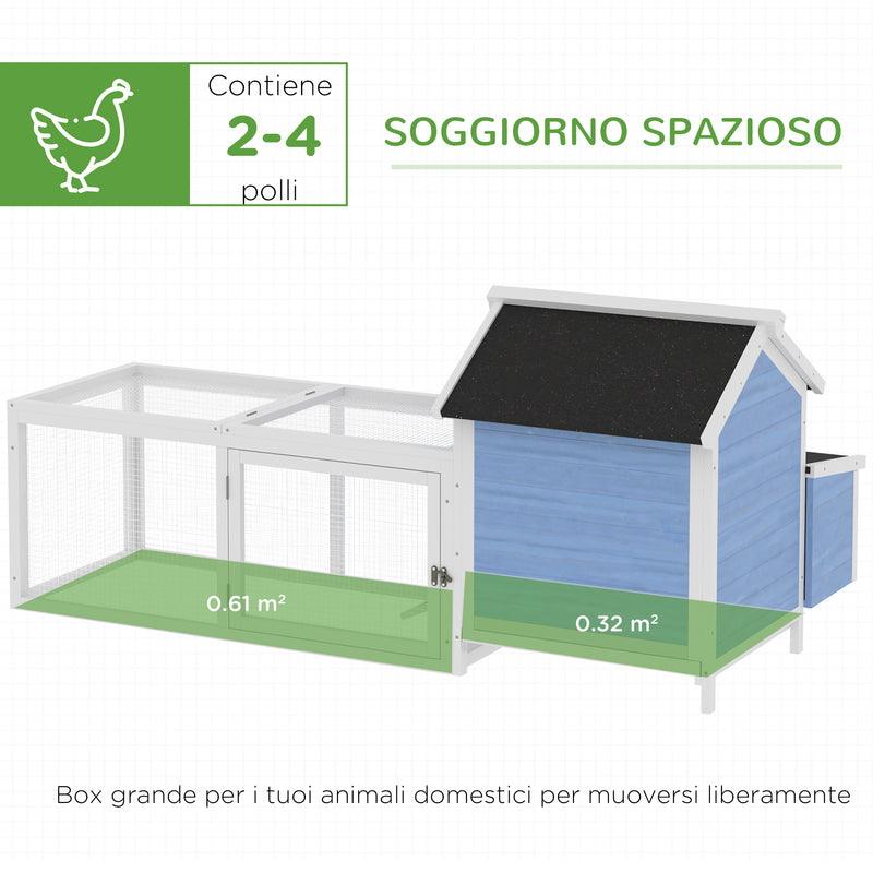 Pollaio per Galline con Corsa Vassoio di Nidificazione Rimovibile in Legno Bianco e Blu 180x90.1x78.6 cm -4