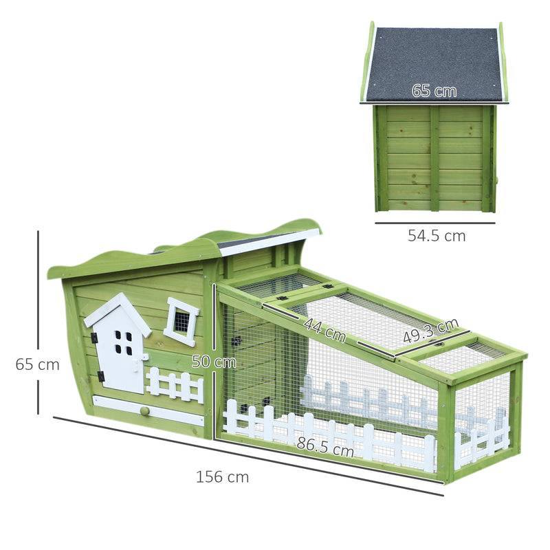 Conigliera con Corsa Vassoio Estraibile e Tetto Impermeabile in Legno Verde Bianco 155x54.5x65 cm -3