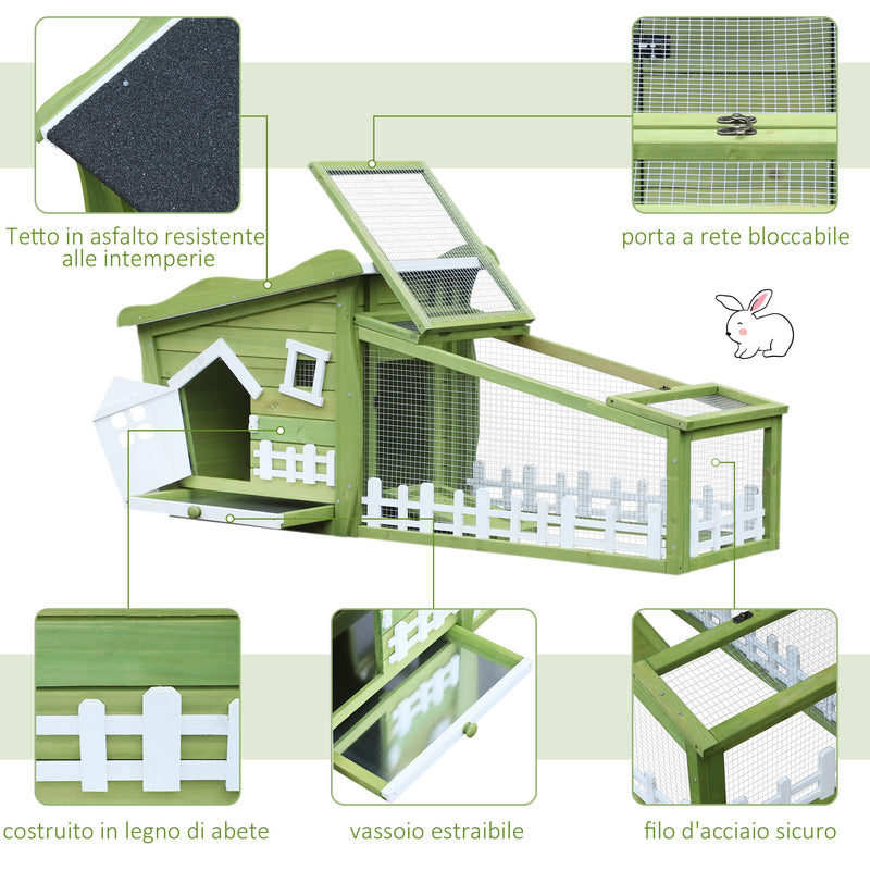 Conigliera con Corsa Vassoio Estraibile e Tetto Impermeabile in Legno Verde Bianco 155x54.5x65 cm -7
