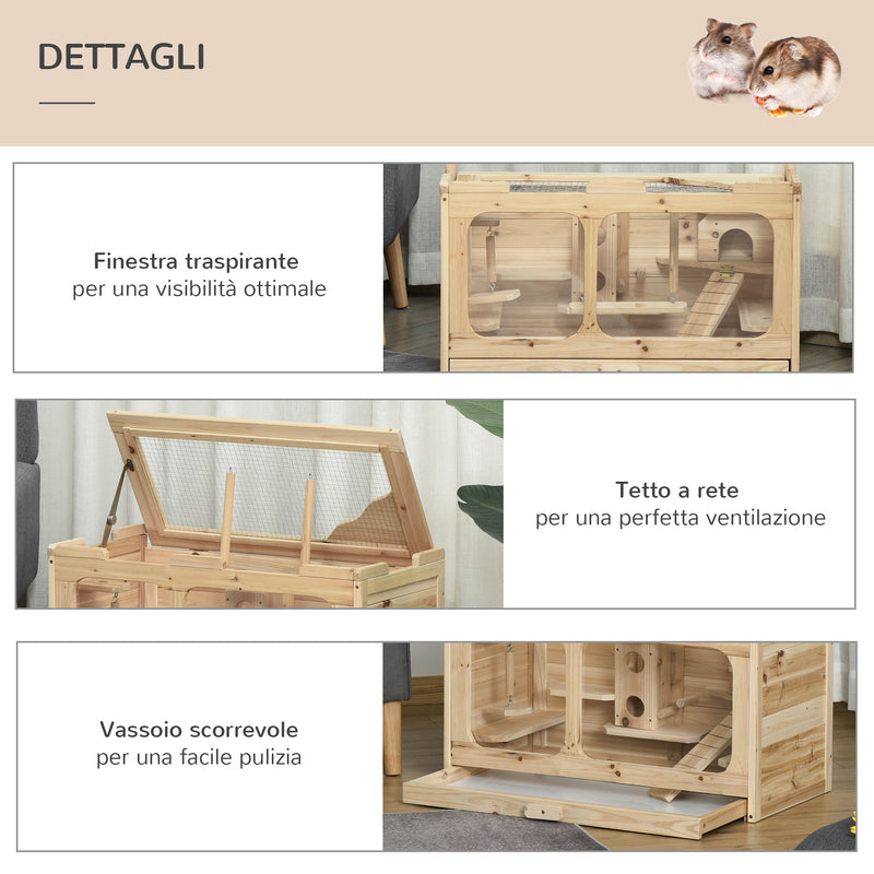 Gabbia per Roditori e Criceti 78x40x44 cm con Tetto Apribile in Legno Naturale-6