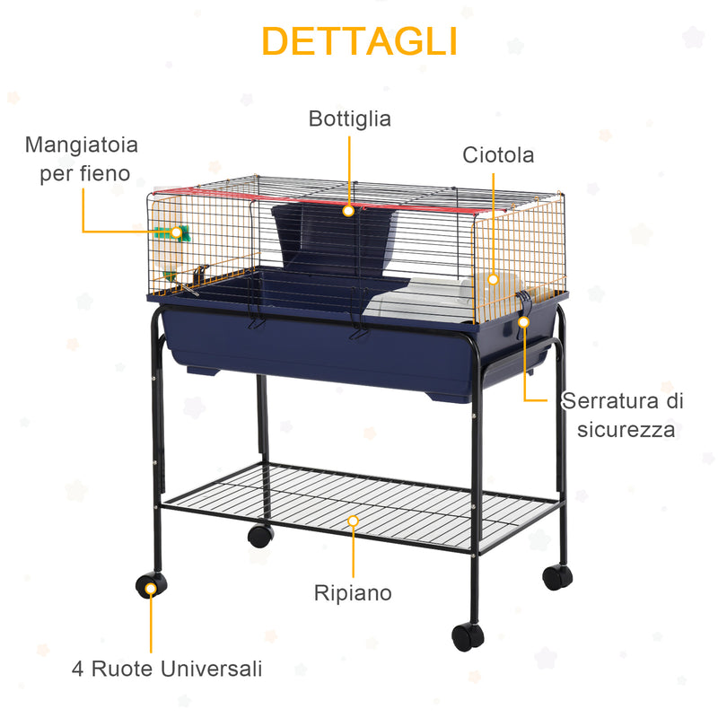 Gabbia per Conigli con Carrello 78x44x91 cm in Metallo Blu e Nero-6