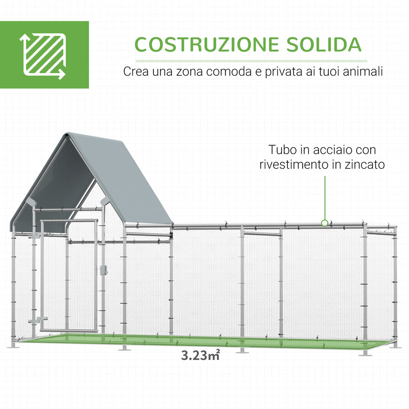 Pollaio Gabbia per Galline da Esterno 302x107x172 cm con Telo di Protezione in Oxford Argento-6