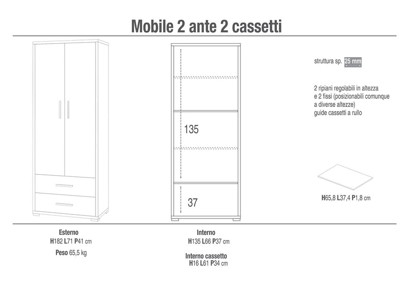 Armadio 2 Ante 2 Cassetti 71x182x41 cm Ossido Bianco/Noce Stelvio-2