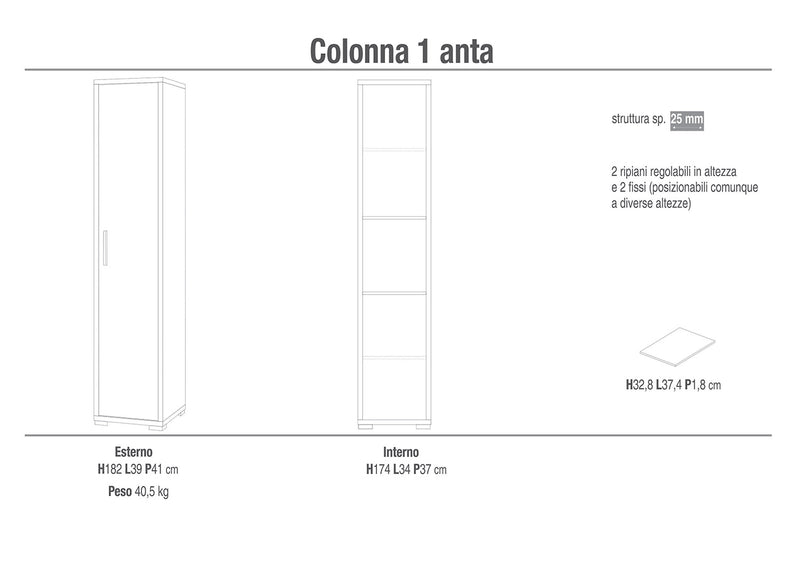 Armadio 1 Anta 39x182x41 cm Ossido Bianco/Noce Stelvio-2