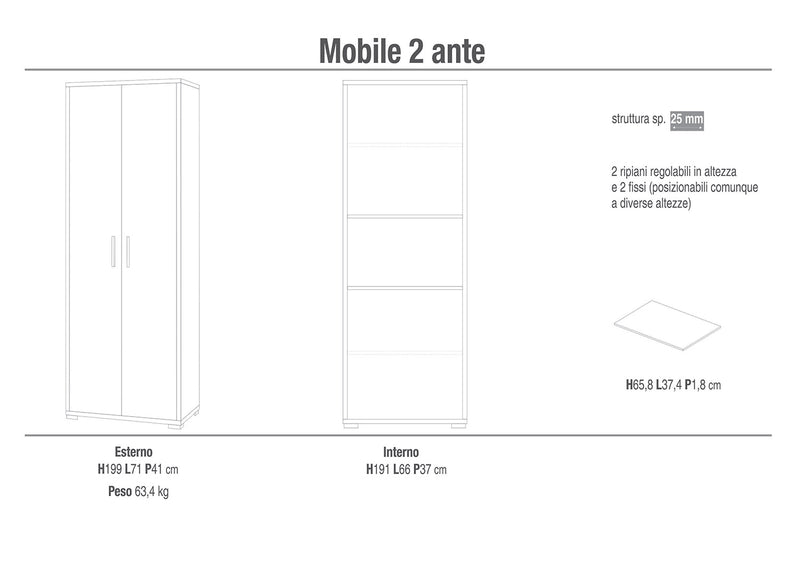 Armadio 2 Ante 71x199x41 cm Noce Stelvio-2