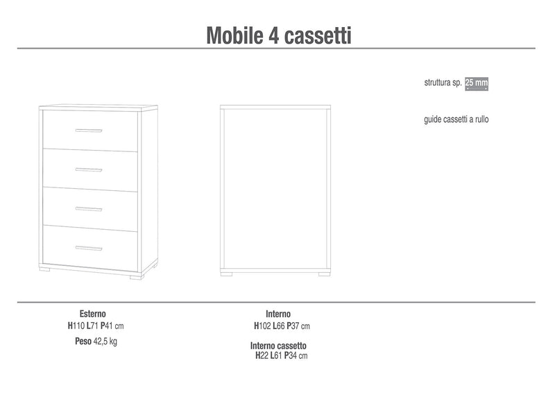 Cassettiera 4 Cassetti 71x110x41 cm Ossido Bianco/Ossido Nero-2