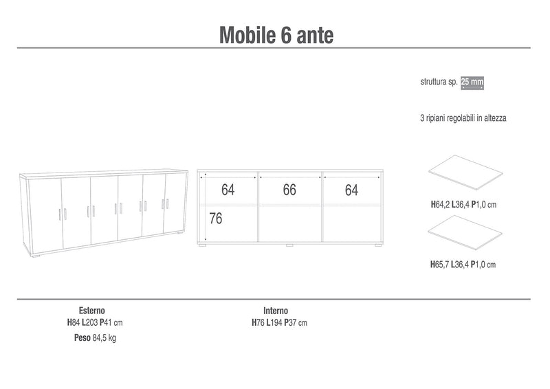 Mobile Basso 6 Ante 203x84x41 cm Ossido Bianco/Cemento-2