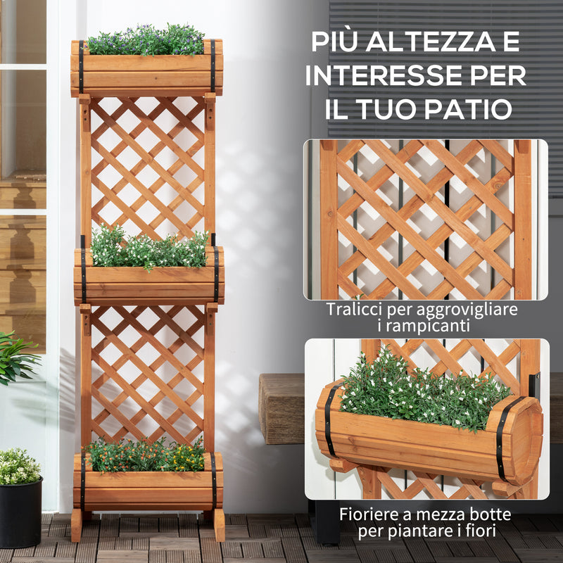 Set 3 Fioriere da Esterno a Mezza Botte 45x35x150 cm con Grigliato per Rampicanti in Legno di Abete Marrone-4