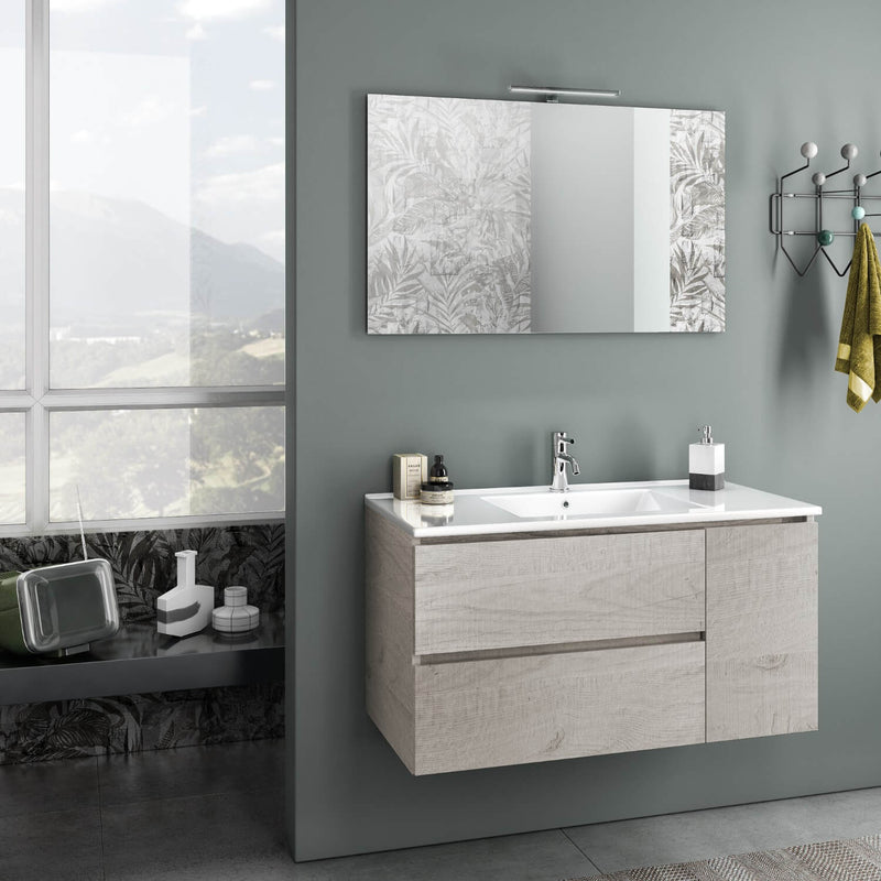 Mobile da Bagno Sospeso con Lavabo Specchio e Lampada a LED TFT Febe Rovere Naturale-1