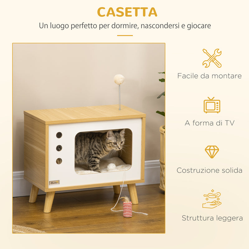 Casetta per Gatti a forma di Televisore 50x28x43 cm in Truciolato  con Cuscino e Pallina Giocattolo-7