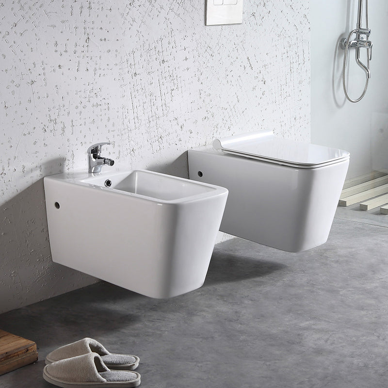 Coppia di Sanitari WC e Bidet Sospesi Filo Muro in Ceramica 36,5x58x33cm Bianco-1