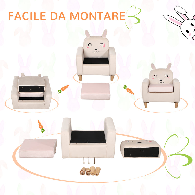 Poltroncina per Bambini con Design a Coniglio 53x47x54,5 cm Gambe in Legno Crema-7