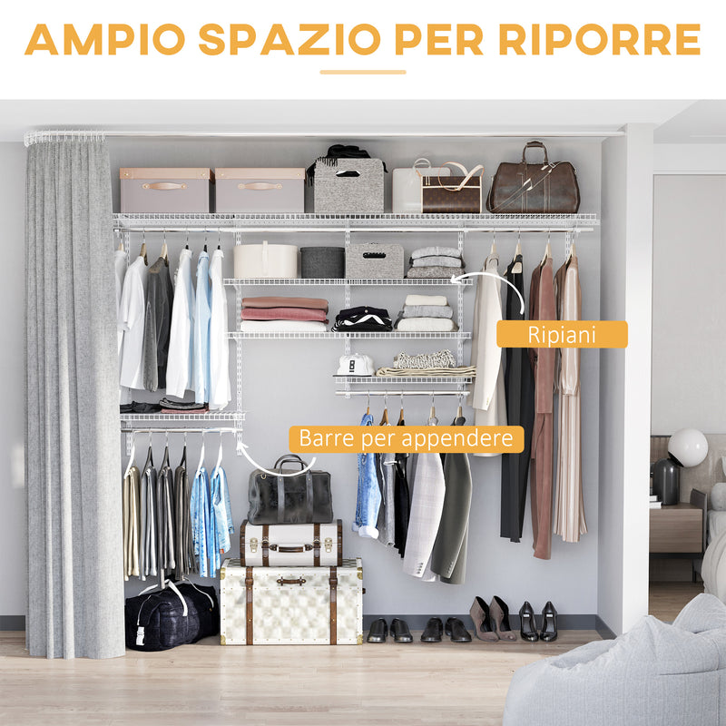 Organizer in Acciaio da Parete 249,4x38,8x162 cm 9 Ripiani Regolabili e 5 Aste per Appendere in Acciaio Bianco-5