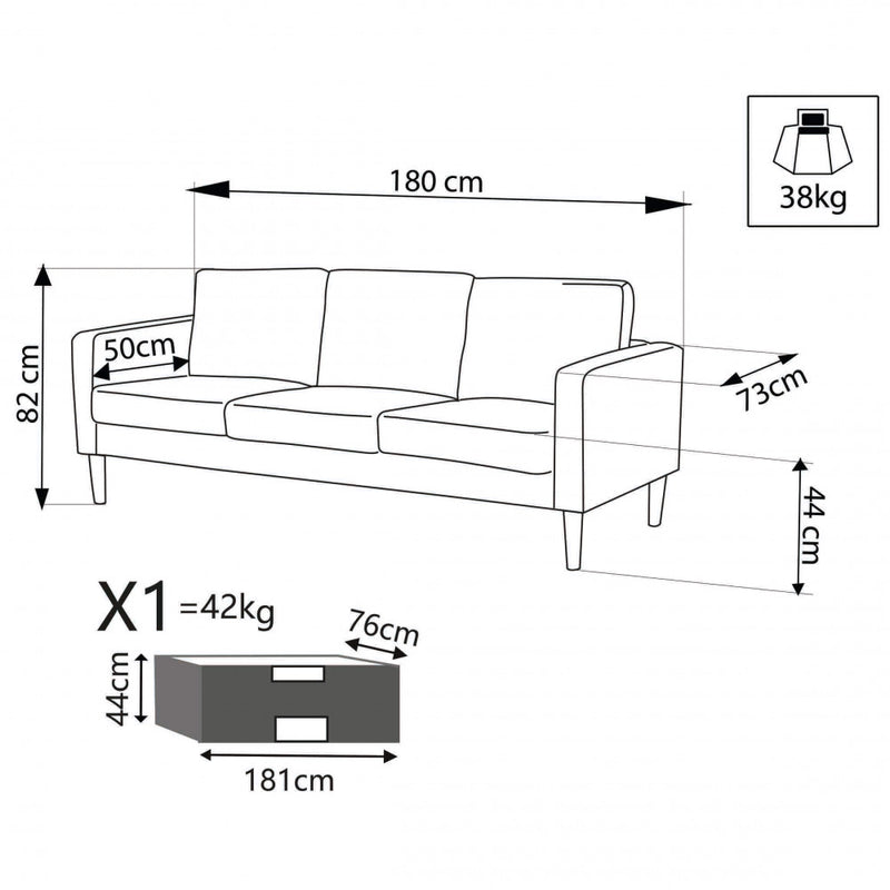 Divano 3 Posti Ramsey 180x73x82 h cm in Tessuto Beige-7