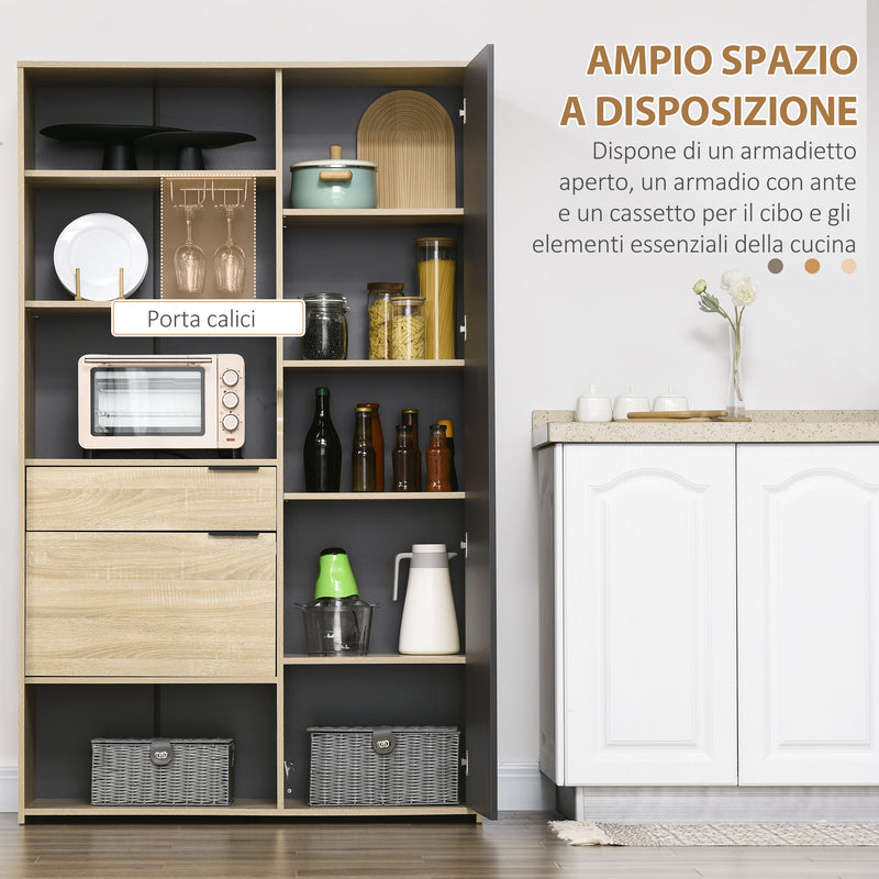 Credenza Moderna da Cucina 110x41,5x180 cm con Armadietto Cassetto e Porta Calici in MDF Legno Naturale e Grigio-4