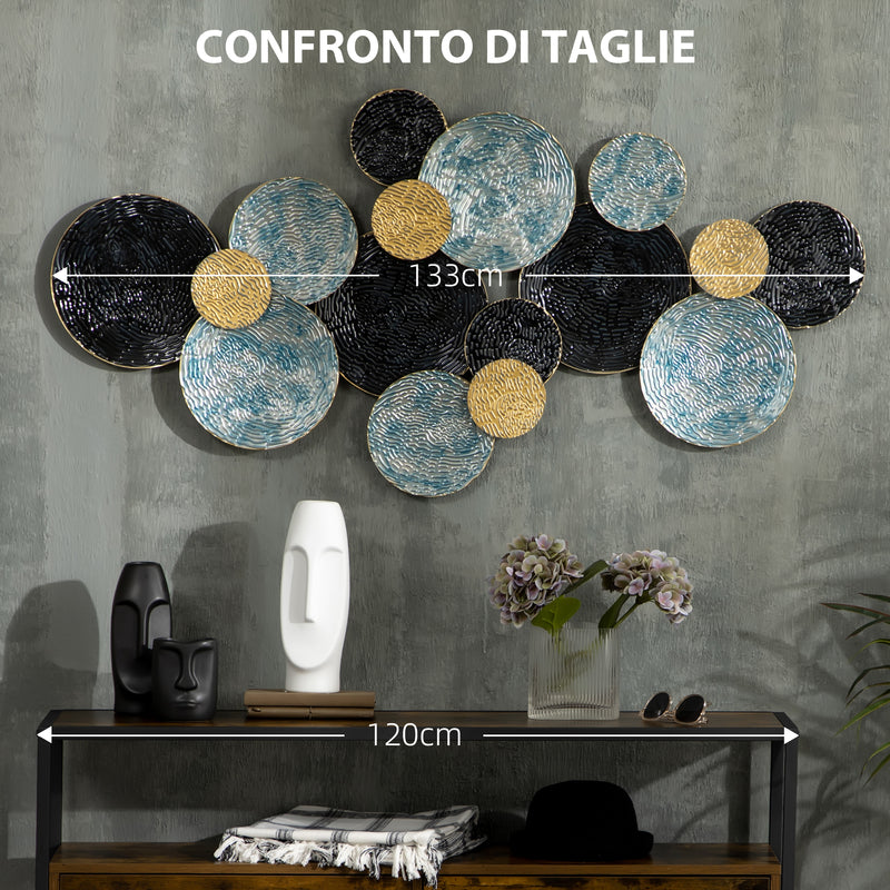 Decorazione Murale 3D in Metallo 133x66 cm Wall Art a Cerchi  Blu Nero e Oro-7