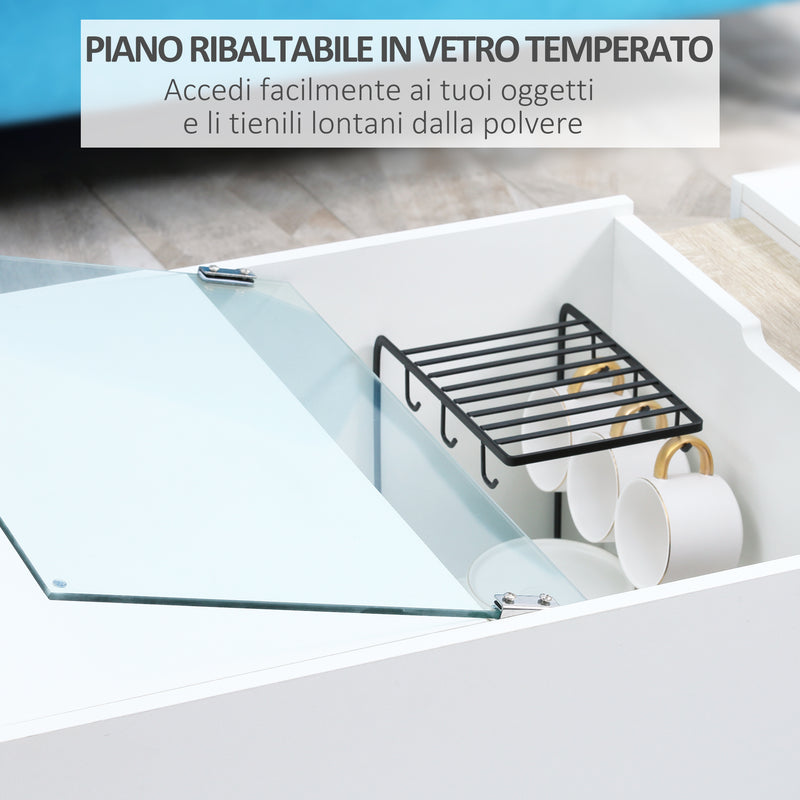 Tavolino da Salotto con Ripiani e Scomparti Nascosti 100x55x36 cm in Legno e Vetro Bianco-5