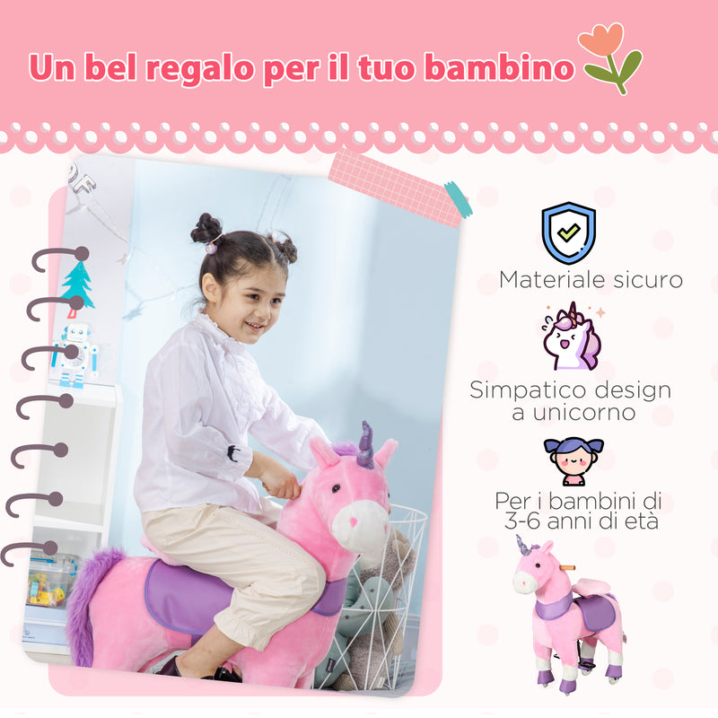 Cavallo a Dondolo per Bambini 70x32x87 cm con Ruote a Forma di Unicorno Rosa-4