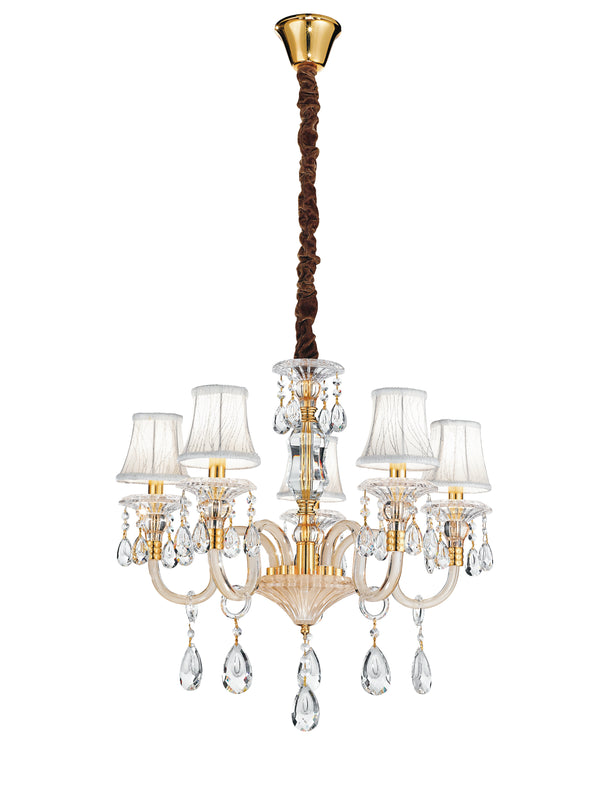 Lustre suspendu gouttes dorées, abat-jour en cristal K9, tissu décoré classique E14 online