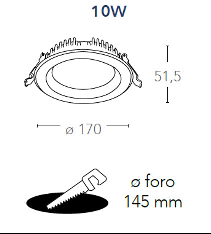 Incasso Cartongesso Tondo Alluminio Bianco Faretto Led 10 watt Luce Calda Intec INC-LYRA-10C-3