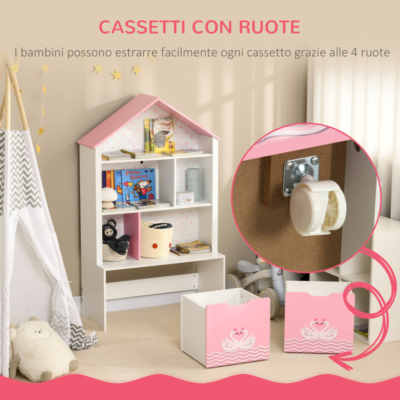 Scaffale Portagiochi per Bambini 78,5x34x127,5 cm con Ripiani Aperti e Cassetti Rosa-5