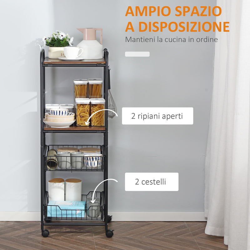 Carrello da Cucina 40x38x111 cm 2 Cestelli e 2 Ripiani in Legno Noce-3