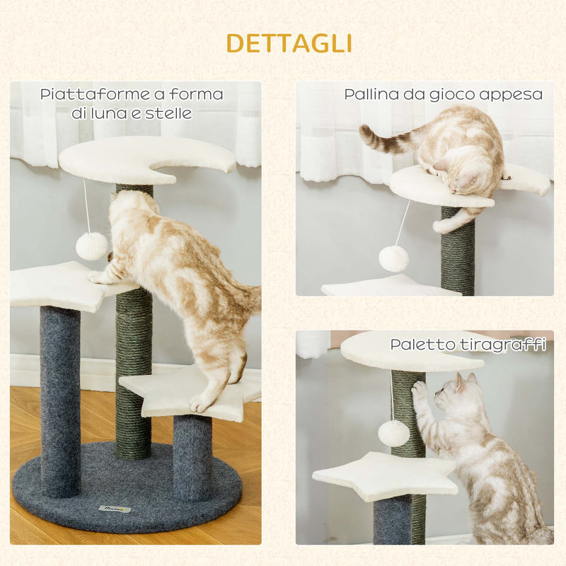 Albero Tiragraffi per Gatti 44x44x64 cm con Piattaforme a Luna e Stelle Palo in Sisal Grigio e Bianco-5