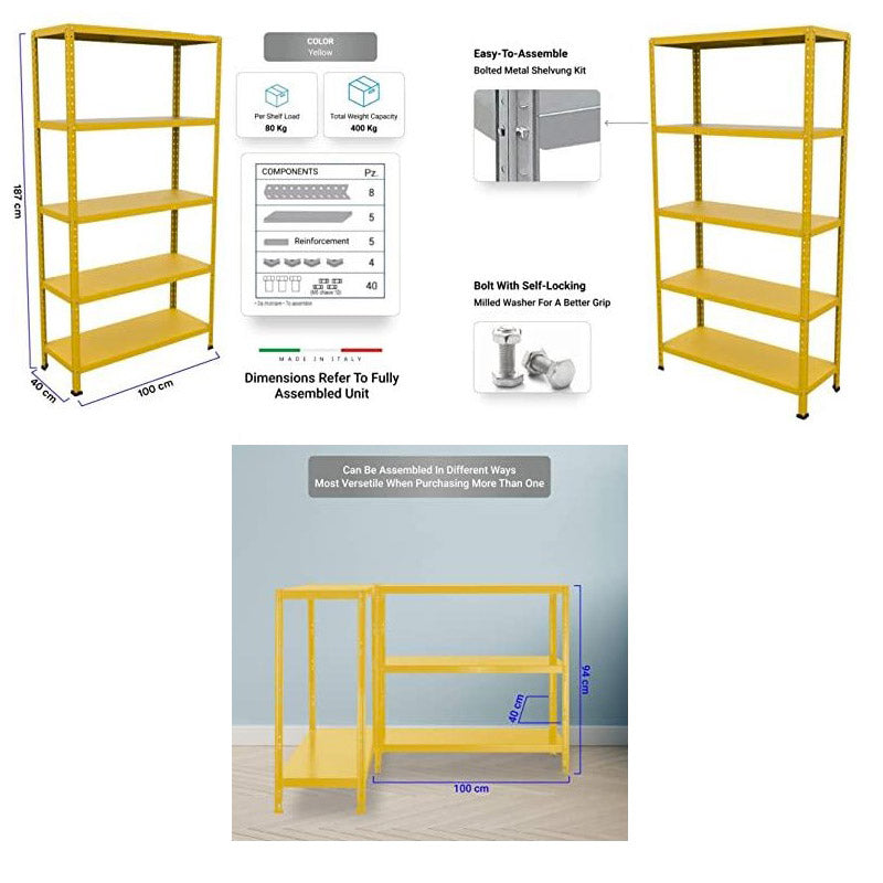 Scaffale in Metallo 5 Ripiani 100x40x187 cm  Ettore Giallo-4