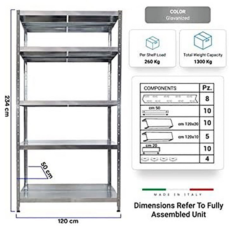 Scaffale in Metallo 5 Ripiani 120x50x234 cm Maciste Zincato-2