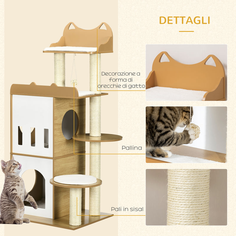 Albero per Gatti con Tiragraffi 60x48x133 cm 2 Casette Posatoi e Pallina Gioco in MDF Peluche e Sisal Rovere e bianco-5