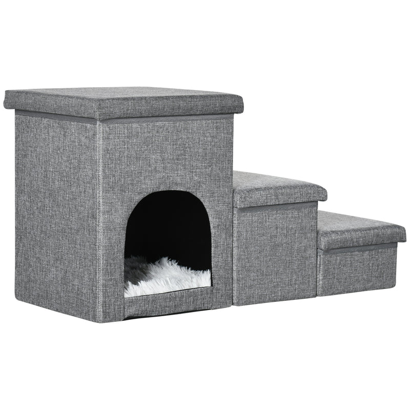 Scaletta per Cani e Gatti 3 Gradini 73,5x33x40,5 cm con Cuccia Grigia-1