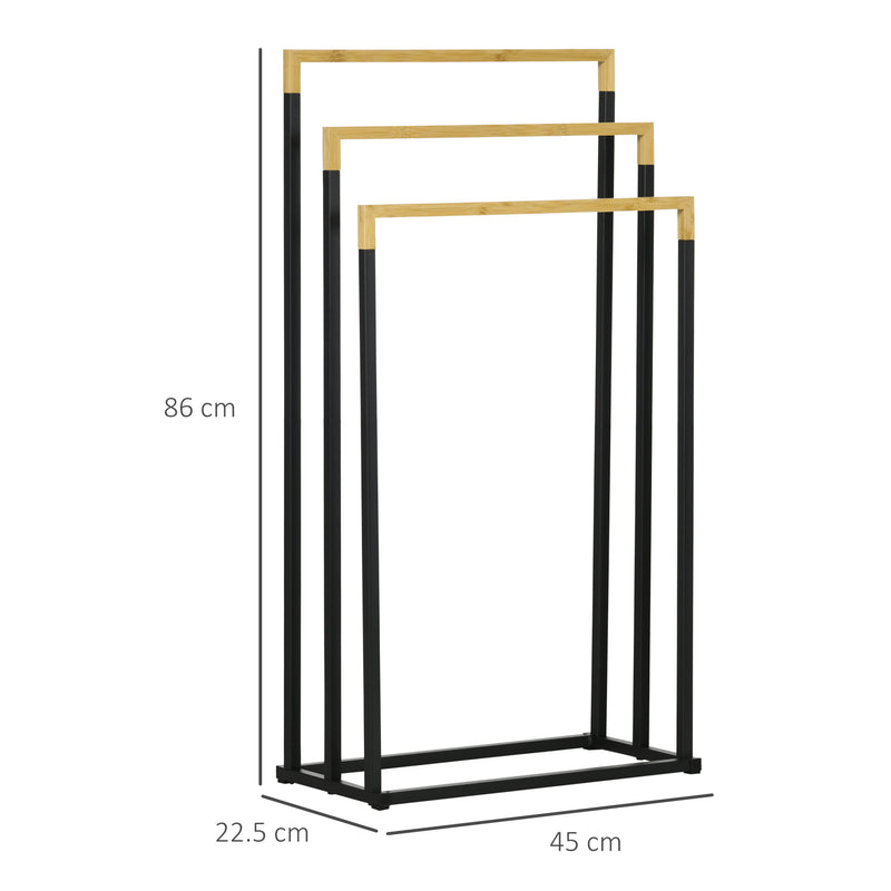 Portasciugamani 3 Barre 45x22,5x86 cm in Bambù e Metallo Nero-3