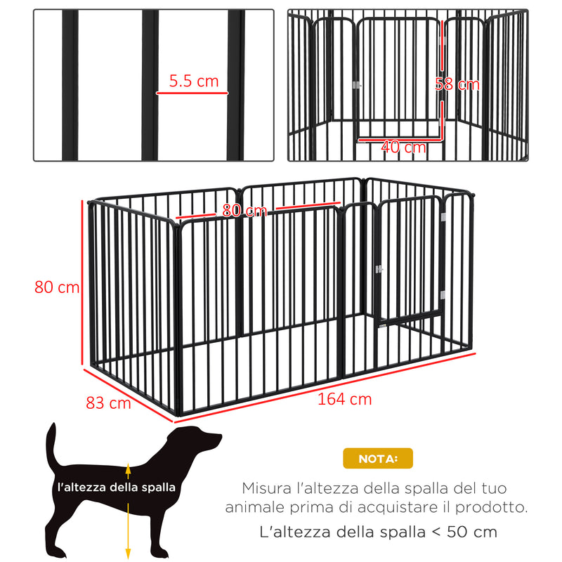 Recinto per Cani a 6 Pannelli Modulabili da Interno ed Esterno 164x83x80 cm in Acciaio Nero-3