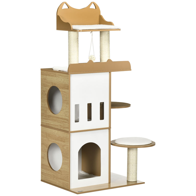 Albero per Gatti con Tiragraffi 60x48x133 cm 2 Casette Posatoi e Pallina Gioco in MDF Peluche e Sisal Rovere e bianco-1