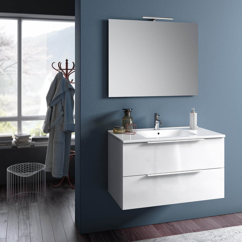 Mobile da Bagno Sospeso con Lavabo Specchio e Lampada a LED TFT Luna Bianco Lucido-1