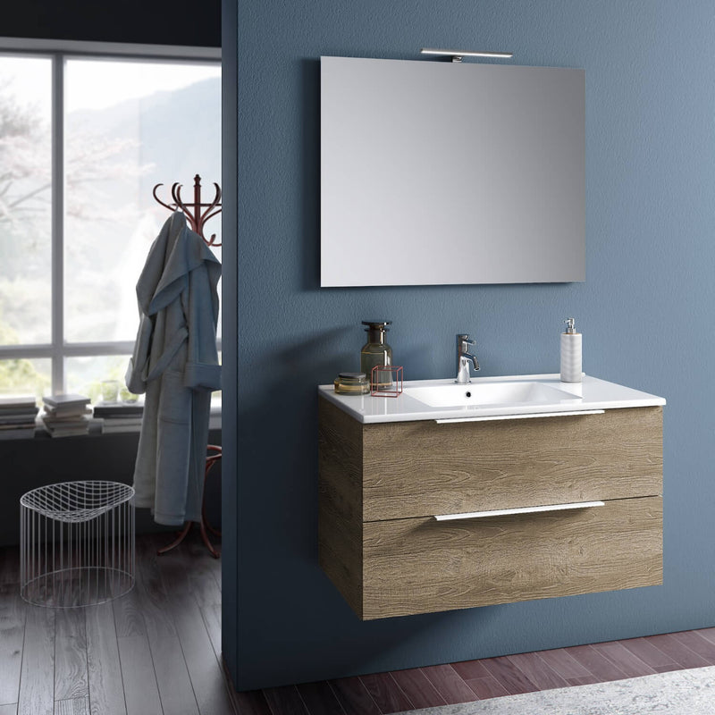 Mobile da Bagno Sospeso con Lavabo Specchio e Lampada a LED TFT Luna Rovere Miele-1