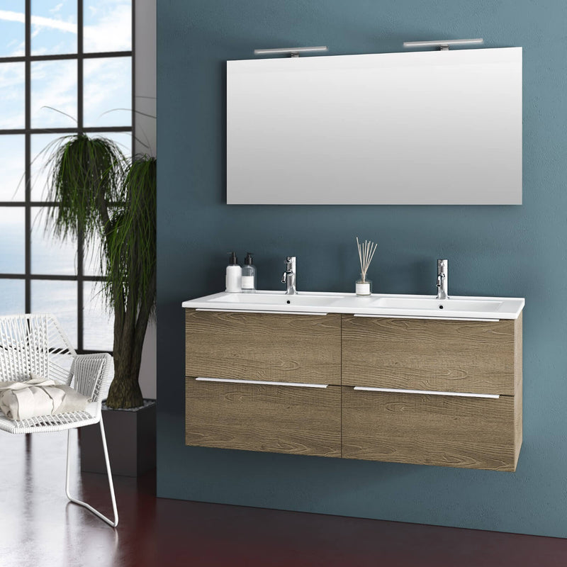 Mobile da Bagno Sospeso con Doppio Lavabo e Doppia Lampada a LED TFT Luna Rovere Miele-1