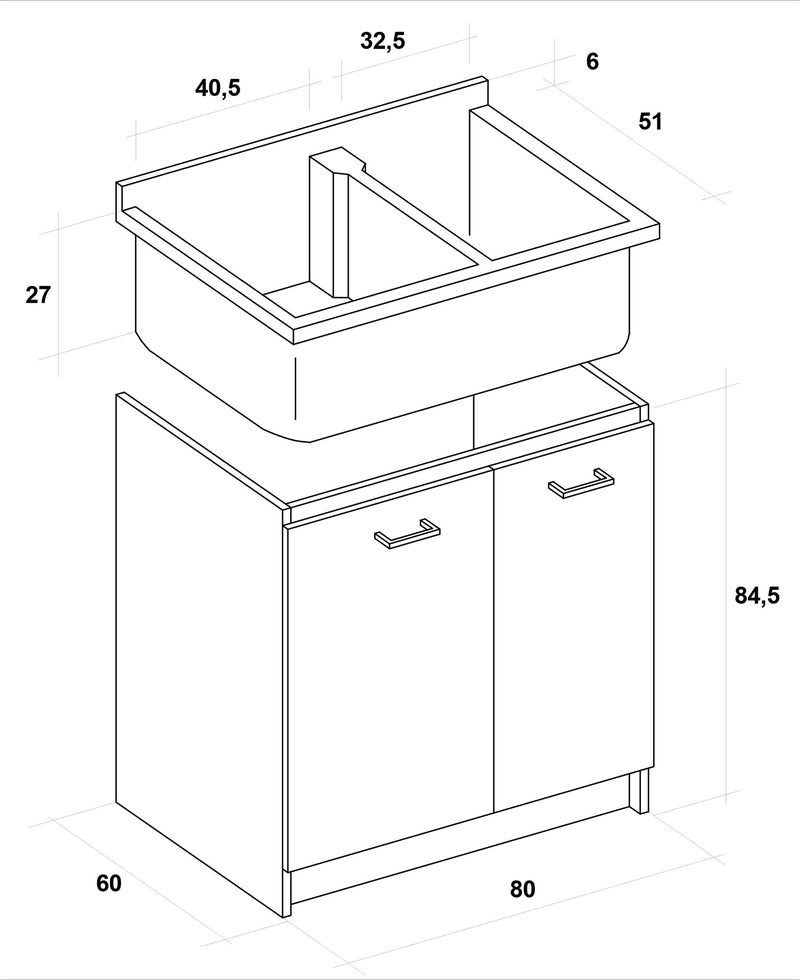 Mobile Lavatoio 80x60x85cm 2 Ante 2 Vasche Asse in Legno Montegrappa Marella Bianco-2