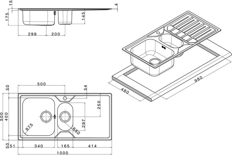 Lavello Cucina 1 Vasca e Mezza 100x50 cm in Acciaio Inox Apell Melodia Gocciolatoio Sinistro-2