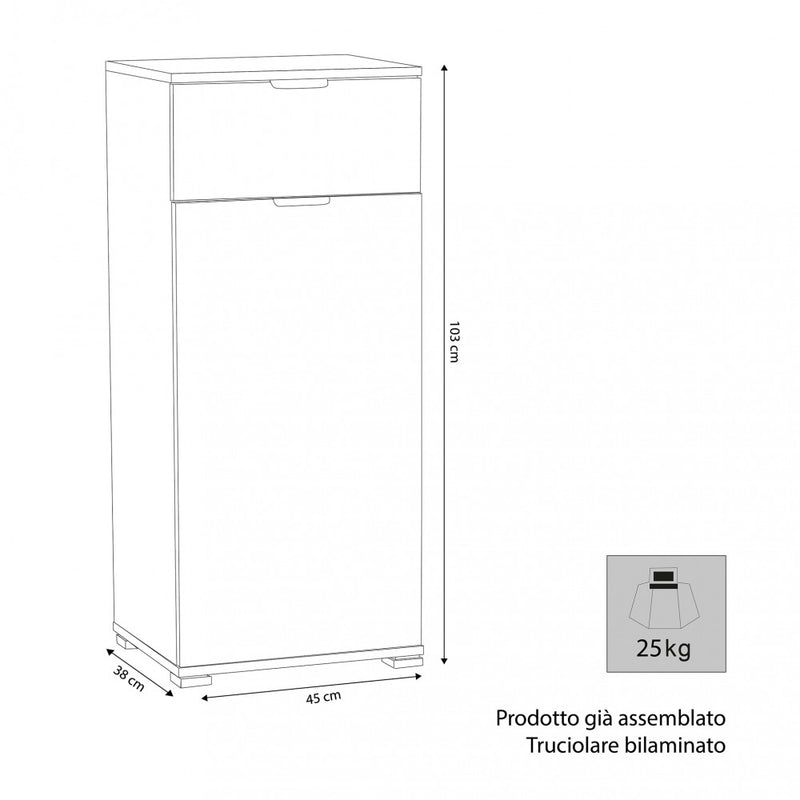 Mobiletto con 1 Anta e 1 Cassetto 45x38x103 h cm in Truciolare bilaminato Rovere Grigio-3