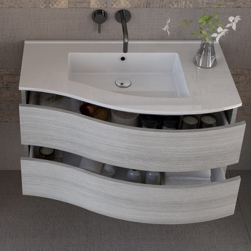 Mobile Bagno Sospeso 90 cm Lavabo e Specchio Bonussi Corona Legno Grigio Eucalipto-3