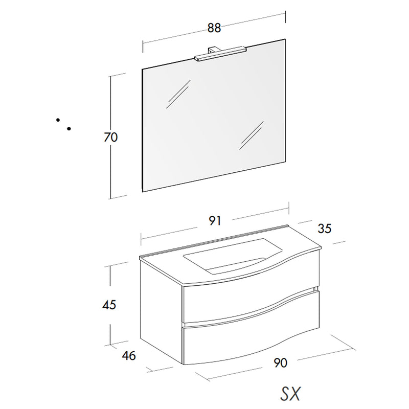 Mobile Bagno Sospeso 90 cm Lavabo e Specchio Bonussi Corona Bianco Larice-6