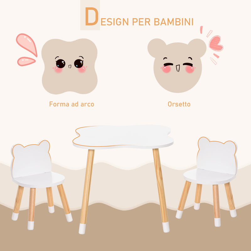 Set Tavolino con 2 Sedie per Bambini a Forma di Orsetto in Legno di Pino e MDF Bianco-5