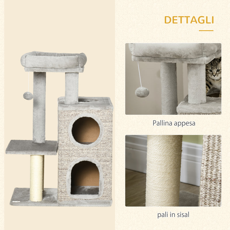 Albero Tiragraffi con Lettino e Pallina 60x40x91 cm in Peluche e Sisal Grigio Chiaro-5